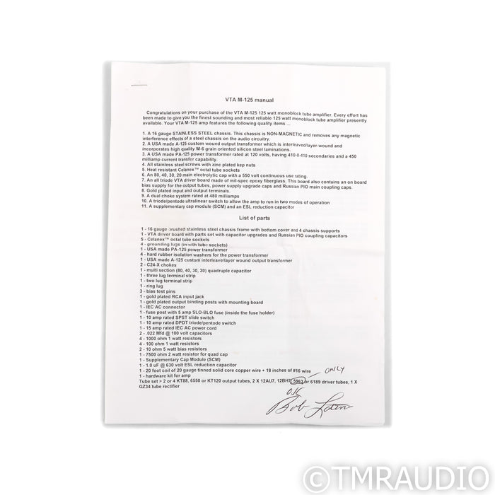 Vacuum Tube Audio M-125 Tube Monoblock Power Amplifiers; Pair