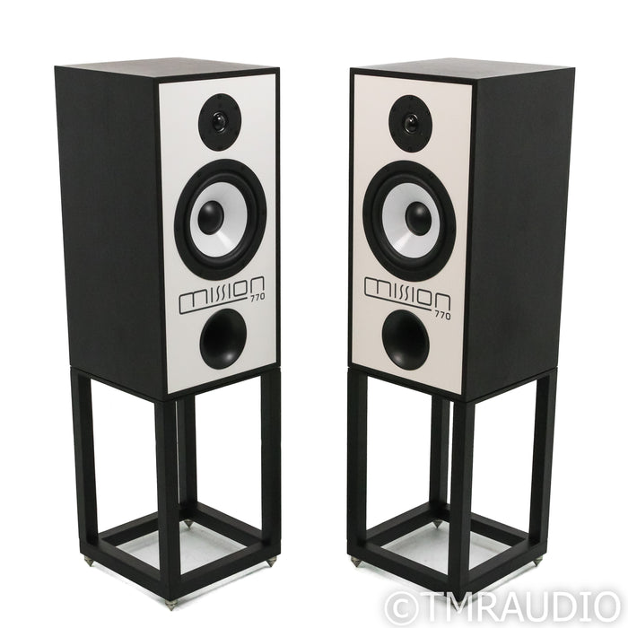 Mission 770 Bookshelf Speakers; Black Oak Pair w/ Stands