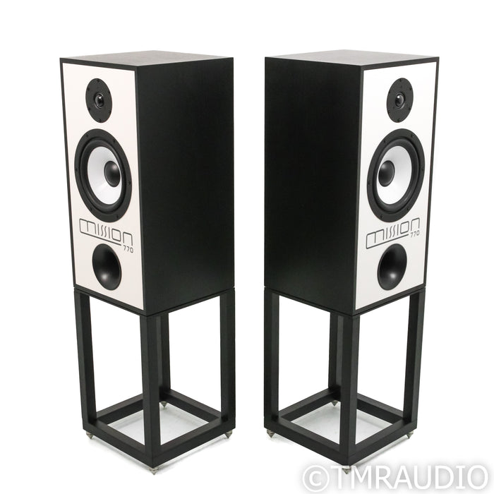 Mission 770 Bookshelf Speakers; Black Oak Pair w/ Stands