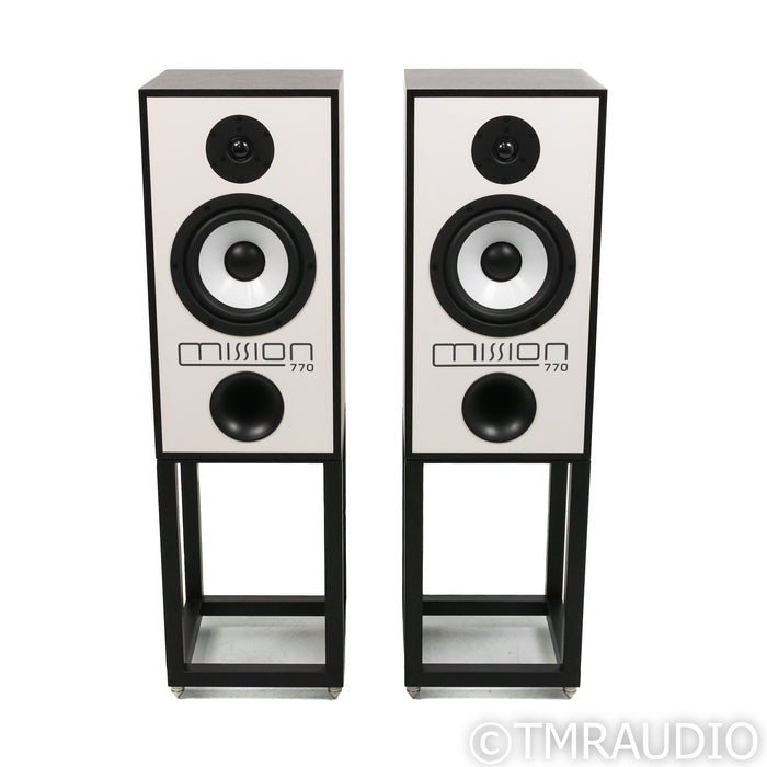 Mission 770 Bookshelf Speakers; Black Oak Pair w/ Stands