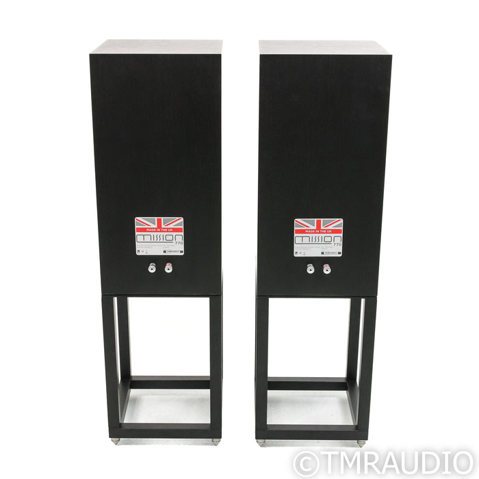 Mission 770 Bookshelf Speakers; Black Oak Pair w/ Stands