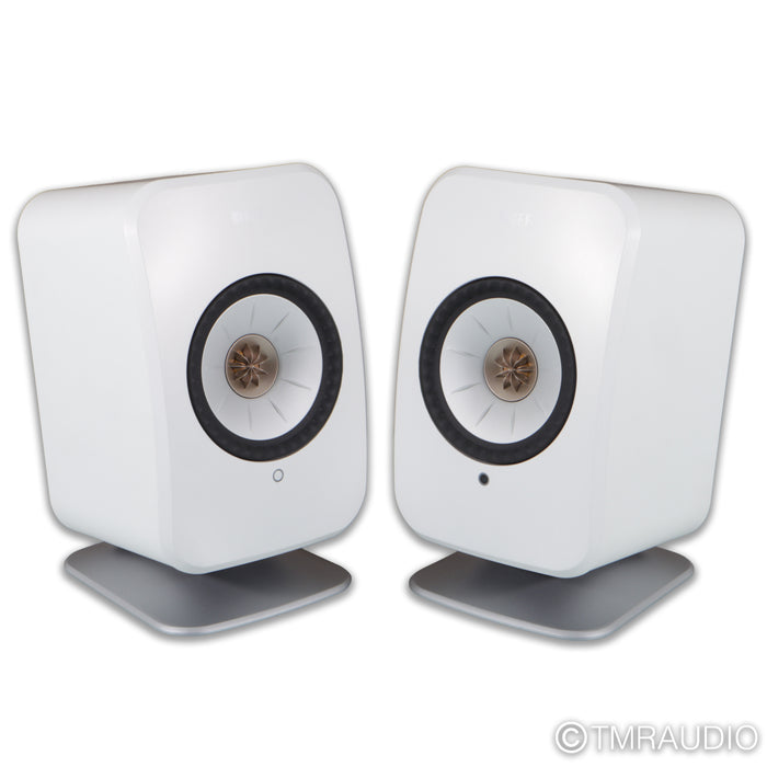 KEF LSX II Wireless Active Bookshelf Speakers; White Pair with Stands
