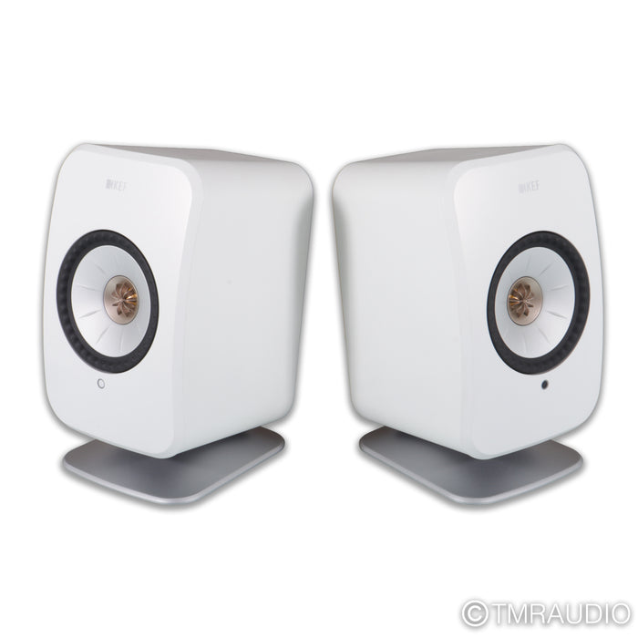 KEF LSX II Wireless Active Bookshelf Speakers; White Pair with Stands