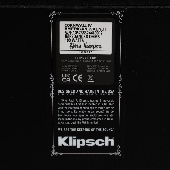 Klipsch Cornwall IV Floorstanding Speakers; Walnut Pair