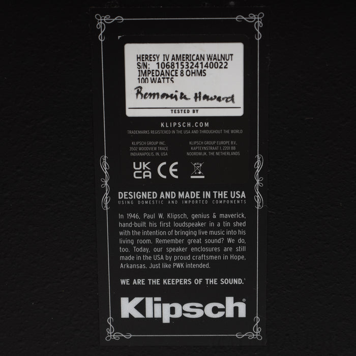 Klipsch Heresy IV Floorstanding Speaker; American Walnut Pair