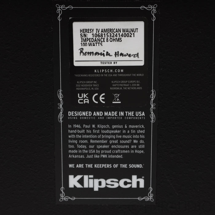Klipsch Heresy IV Floorstanding Speaker; American Walnut Pair