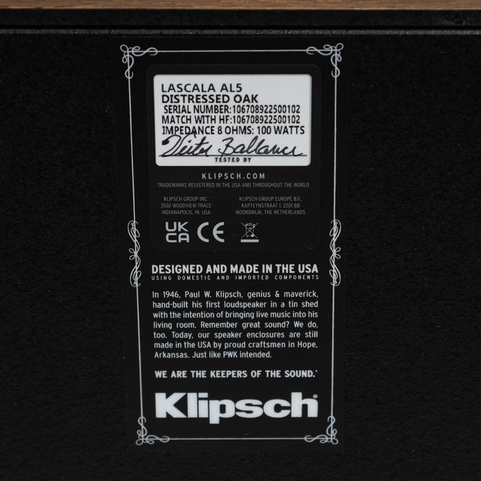 Klipsch La Scala AL5 Floorstanding Speakers; Distressed Oak Pair