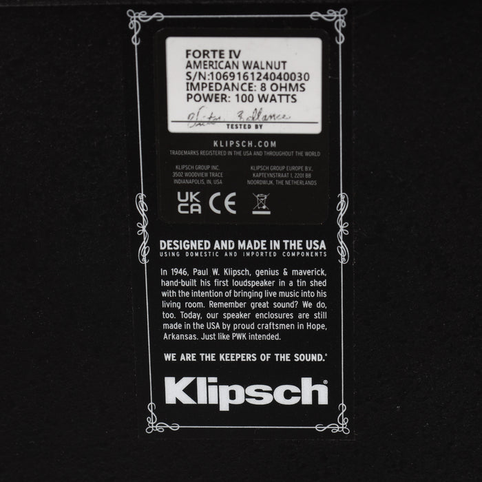 Klipsch Forte IV Floorstanding Speaker; American Walnut Pair