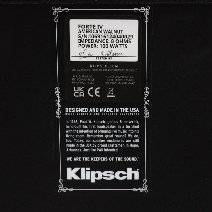Klipsch Forte IV Floorstanding Speaker; American Walnut Pair