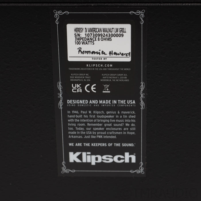 Klipsch Heresy IV Floorstanding Speakers; Walnut Pair w/Lambswool Grill