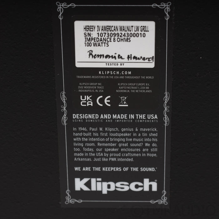 Klipsch Heresy IV Floorstanding Speakers; Walnut Pair w/Lambswool Grill