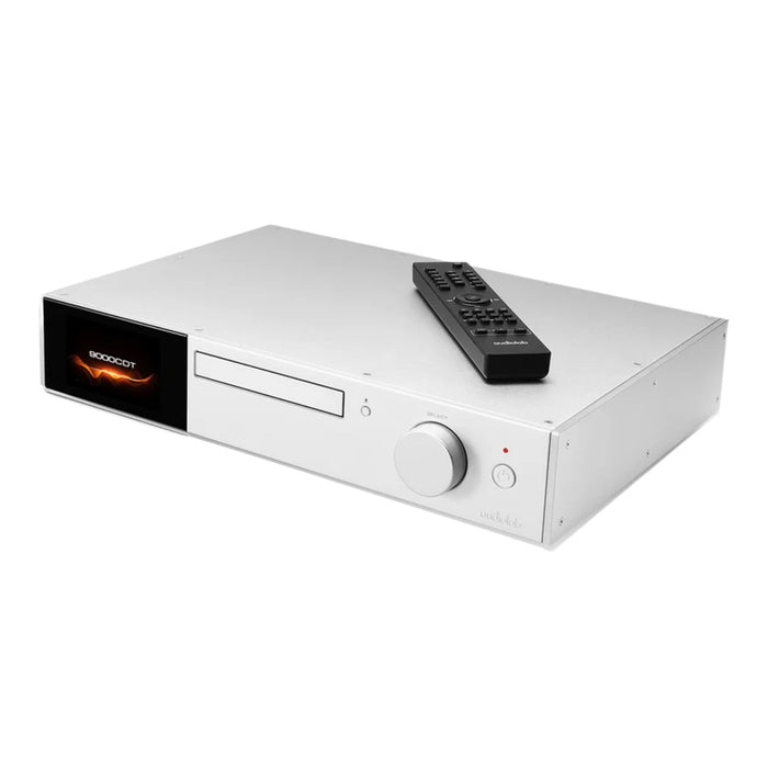 Audiolab 9000CDT CD Transport angled view with remote