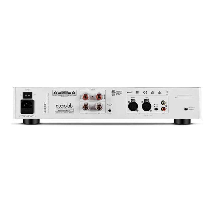 Audiolab 9000P Power Amplifier rear view, in silver