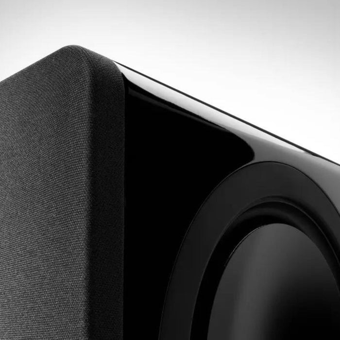 detail of sleek design and piano black finish of cambridge audio x201 subwoofer