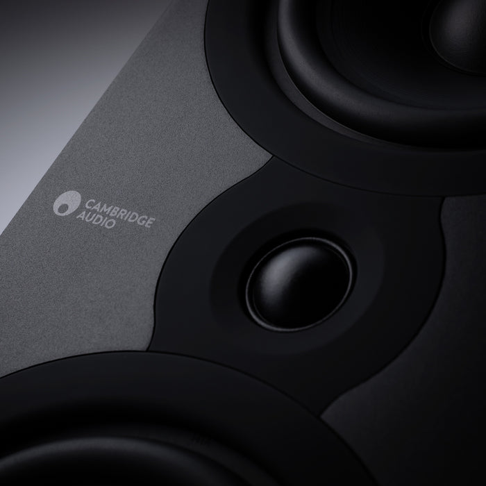 Detailed view of speaker cones and tweeter of Cambridge audio speakers