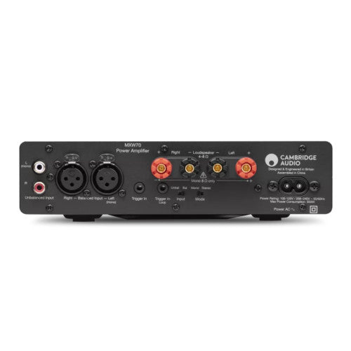 Cambridge MXW70 Compact 70W Power Amplifier rear panel, inputs and outputs