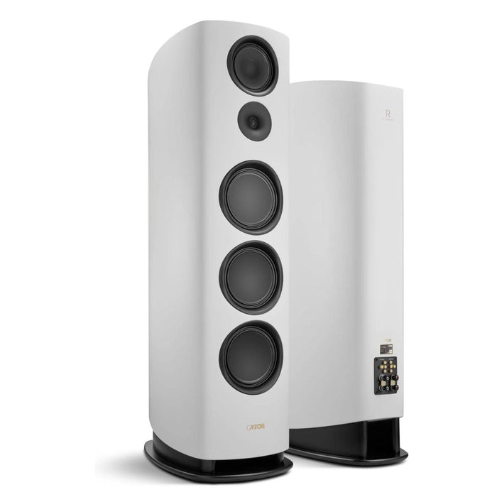 Canton Reference 1 Floorstanding Speakers, white satin angled and side combined view
