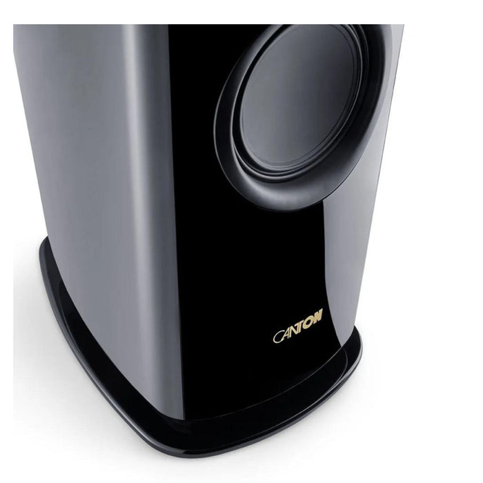 Canton Reference 5 floorstanding speaker, black piano close up bottom woofer