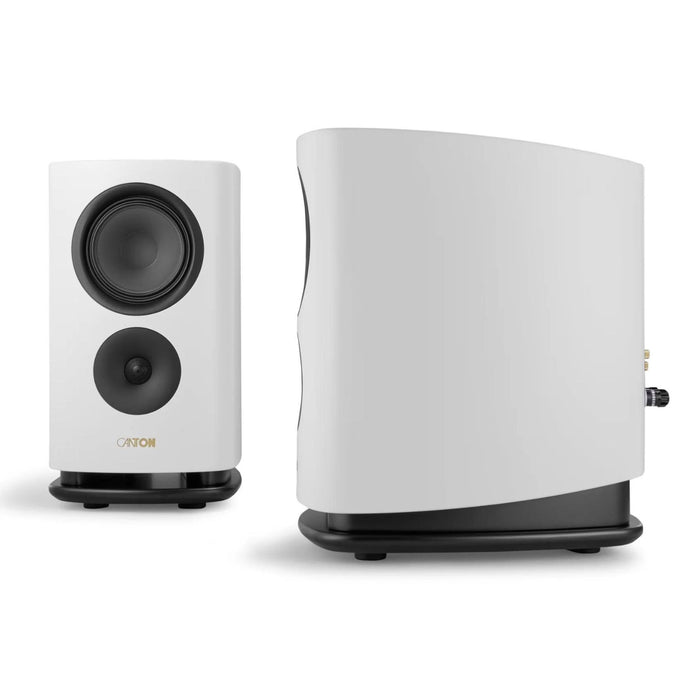 Canton Reference 9 Bookshelf Speaker, white satin pair front and side combined view