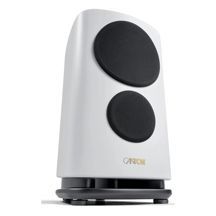 Canton Reference 9 Bookshelf Speaker, white satin with grill, low angle view