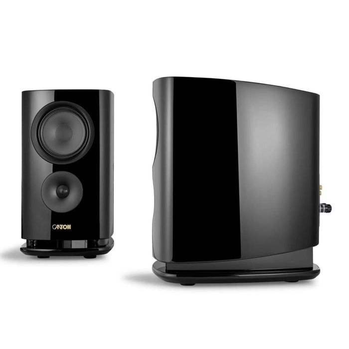 Canton Reference 9 Bookshelf Speaker, black piano pair, front and side combined view