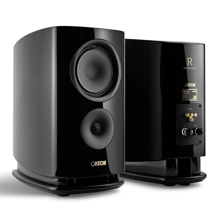 Canton Reference 9 Bookshelf Speaker, black piano pair, front and rear combined view
