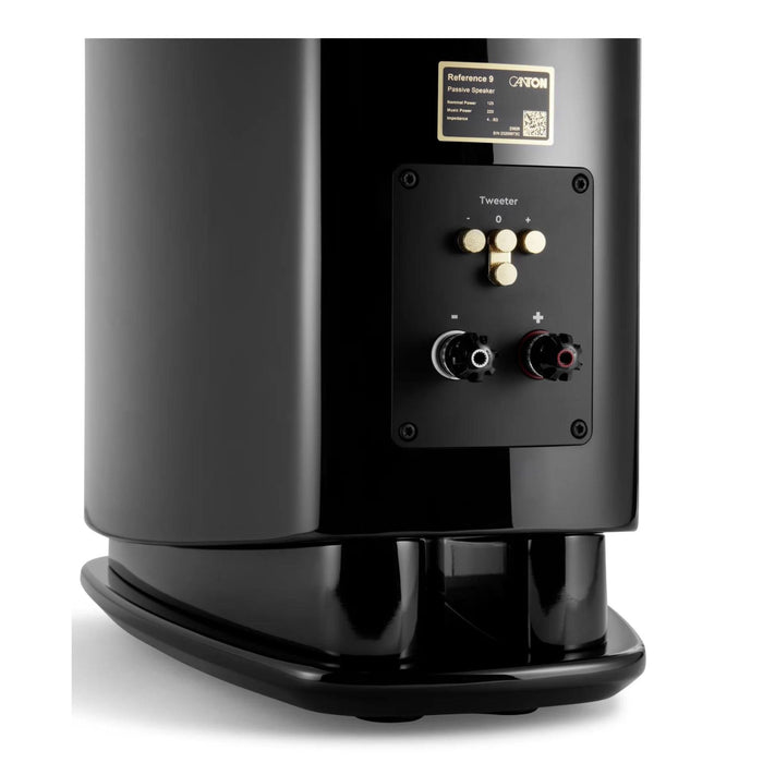Canton Reference 9 Bookshelf Speaker, black piano binding posts close up