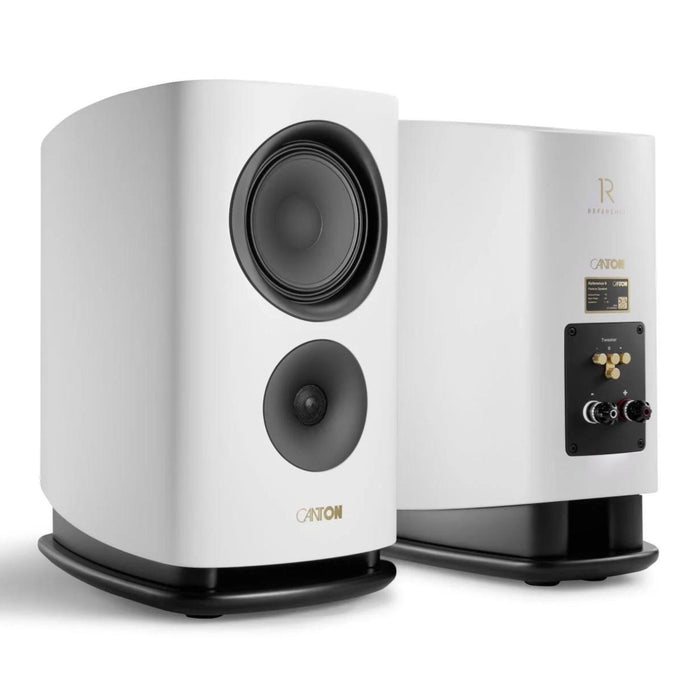 Canton Reference 9 Bookshelf Speaker, white satin pair front and rear combined view