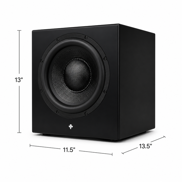 KIN Sub 10 Powered Subwoofer on white background showing the dimensions of the subwoofer