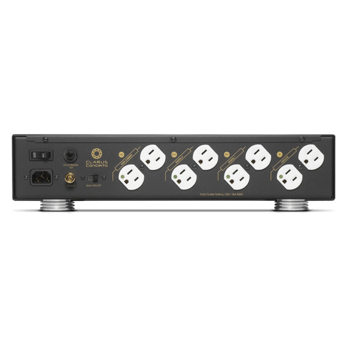 Back panel of the Clarus Concerto Power Conditioner showing the outlet bank for high current, digital, and analog on a white background