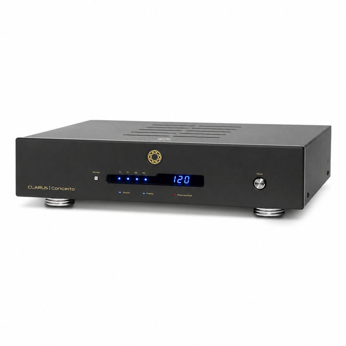 Front of Clarus Concerto Power Conditioner with front LED display turned on in a white background