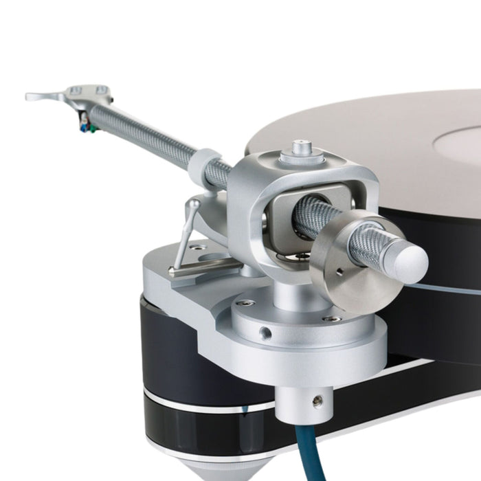 Clearaudio Innovation Compact Wood Turntable, silver tonearm rear detail shot