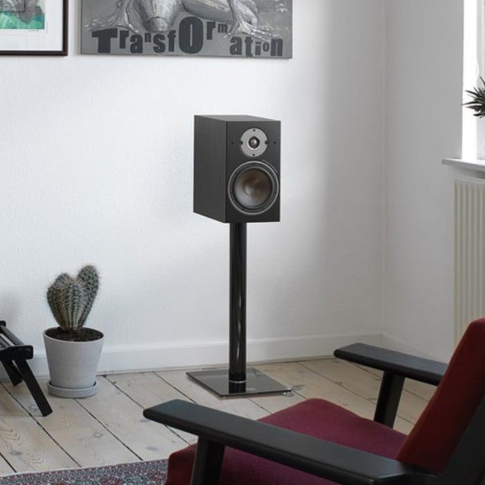 DALI Oberon 3 Bookshelf Speakers Black Finish in audiophile room with listening chair