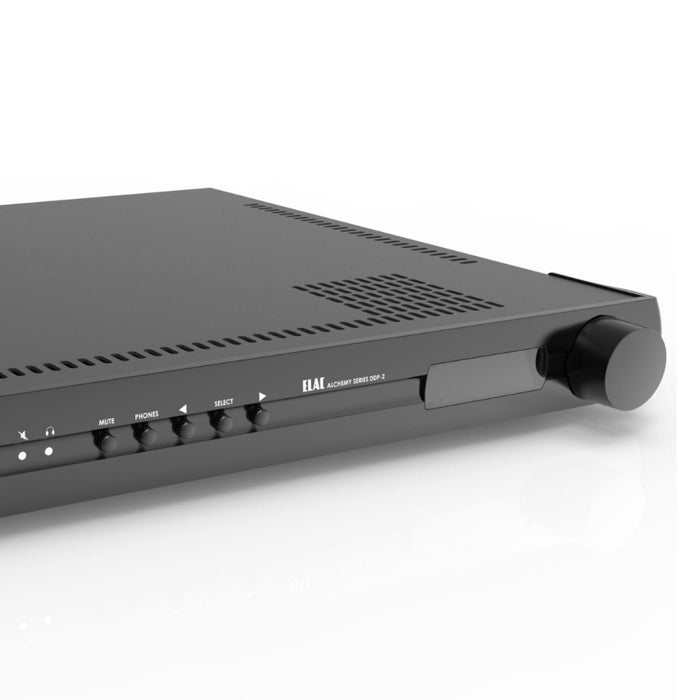 ELAC Alchemy DDP-2 Streaming DAC / Preamplifier angled view, close up