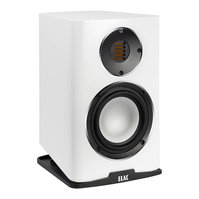 ELAC Carina Bookshelf Speakers, satin white angled view