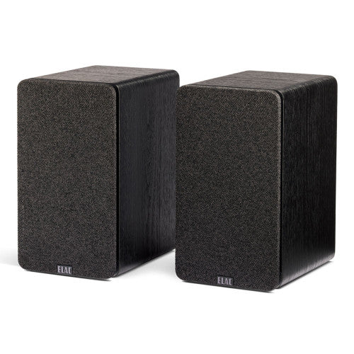ELAC Debut ConneX DCB41 Powered Speakers, black ash Pair angled view with grills