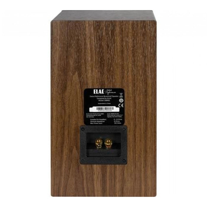 ELAC Debut Reference DBR62 Bookshelf Speaker, walnut cabinet rear view, binding posts