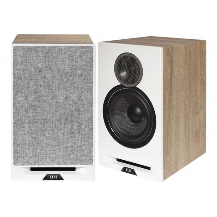 ELAC Debut Reference DBR62 Bookshelf Speakers, white baffle with oak cabinet pair