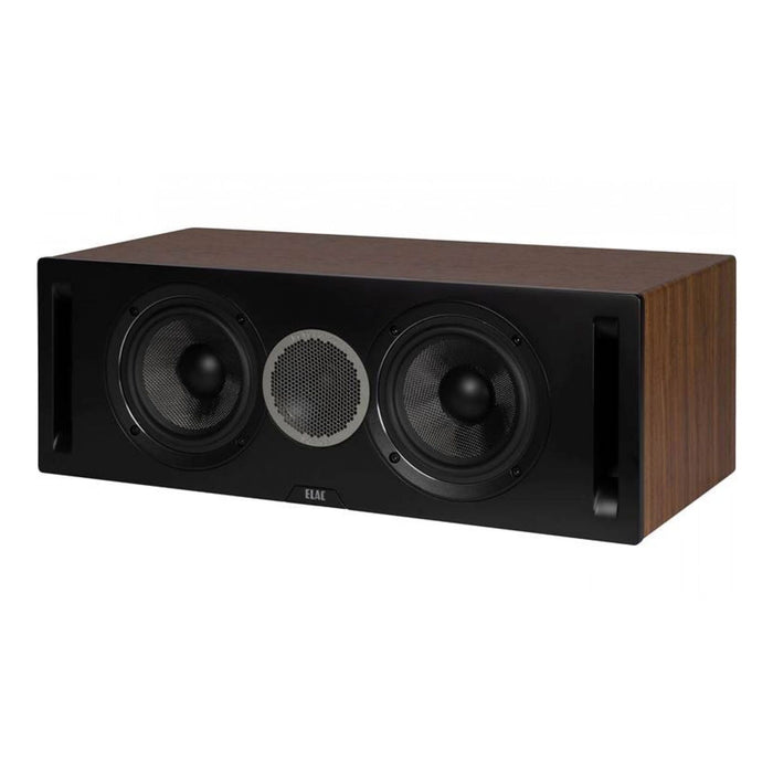 ELAC Debut Reference DCR52 Center Channel Speaker, black and walnut angled view