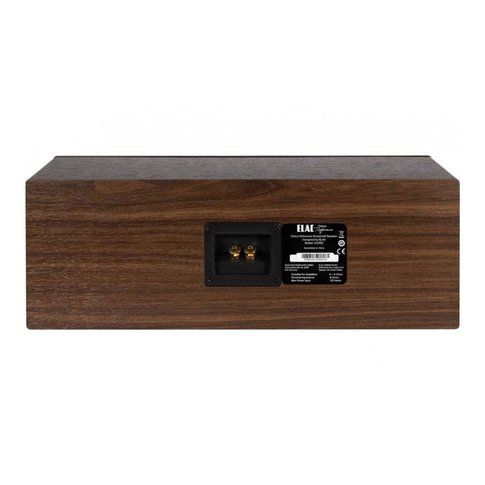 ELAC Debut Reference DCR52 Center Channel Speaker, black and walnut rear view, binding posts