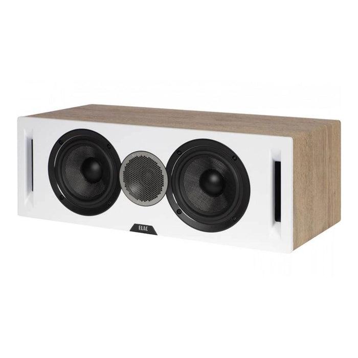 ELAC Debut Reference DCR52 Center Channel Speaker, white and oak angled view