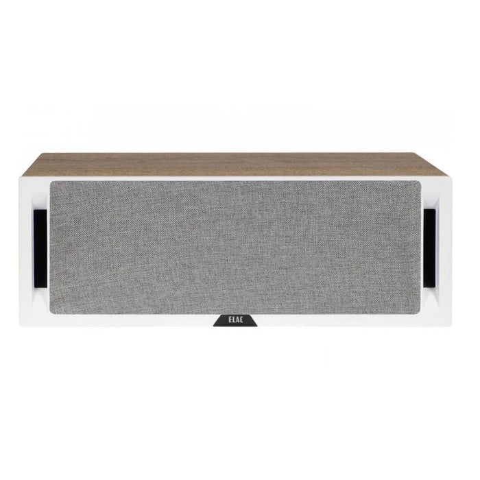 ELAC Debut Reference DCR52 Center Channel Speaker, white and oak front view with grill