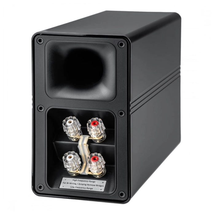 ELAC Elegant BS312.2 Bookshelf Speakers, gloss black rear view, binding posts and bass port