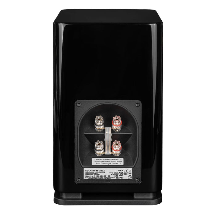 ELAC Solano 2.0 BS283 Bookshelf Speakers, gloss black rear, binding posts showing bi-wire capability