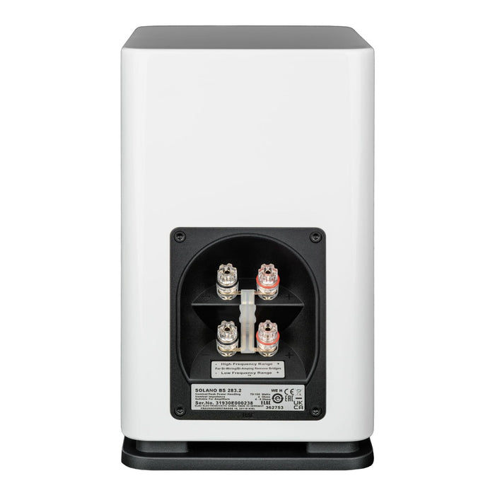 ELAC Solano 2.0 BS283 Bookshelf Speakers, gloss white rear, binding posts showing bi-wire capability