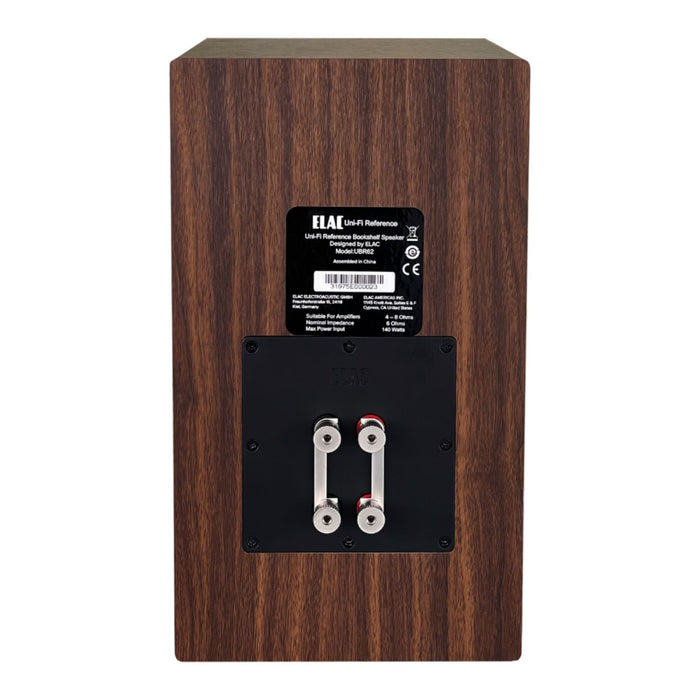 ELAC Uni-Fi Reference UBR62 Bookshelf Speaker, satin black with walnut sides rear, binding posts