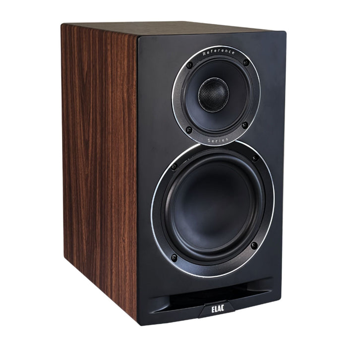 ELAC Uni-Fi Reference UBR62 Bookshelf Speaker, satin black with walnut sides angled view
