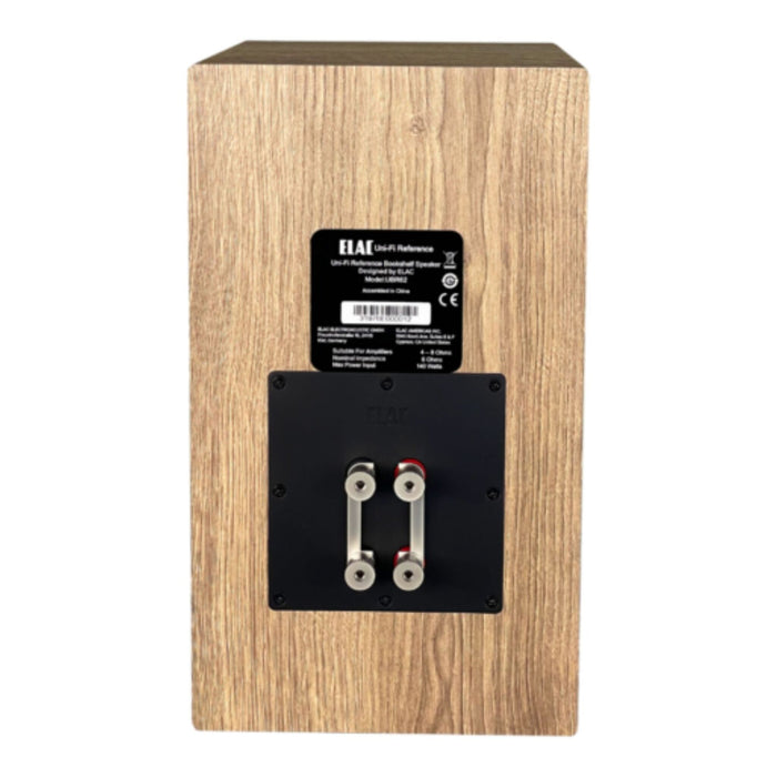 ELAC Uni-Fi Reference UBR62 Bookshelf Speaker, satin white with oak sides rear, binding posts