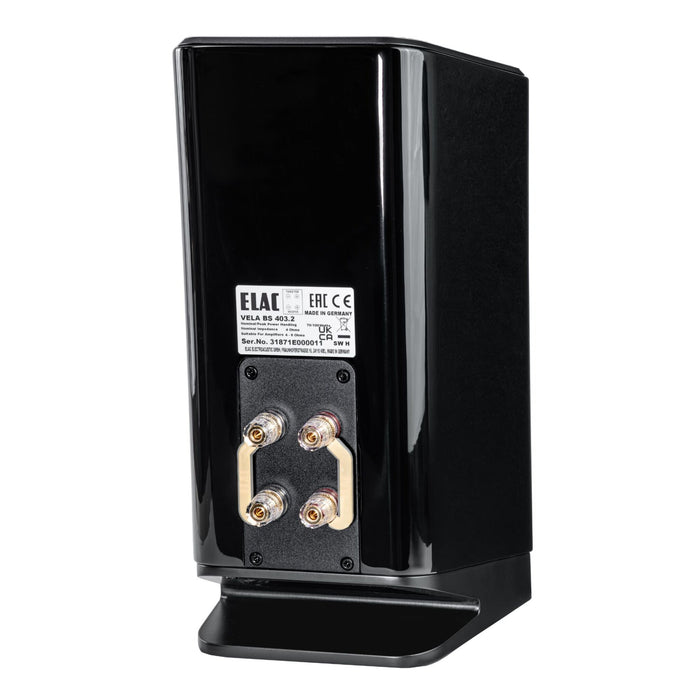 ELAC Vela 2.0 VBS403 Bookshelf Speaker hero shot, ELAC badge and new woofer design