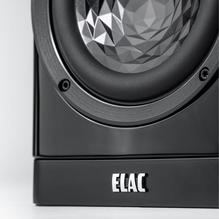 ELAC Vela 2.0 VBS404.2 Bookshelf Speakers, gloss black detail shot, new woofer and ELAC badge